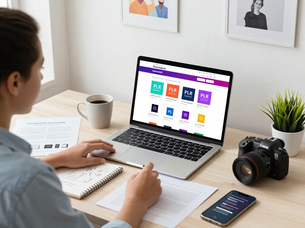 Buy PLR Digital Products in an engaging e-commerce workspace, featuring vibrant digital product displays.