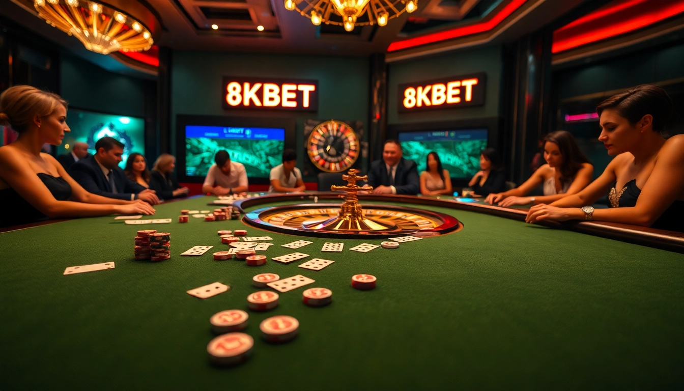 Experience thrilling gameplay at 8KBET's luxurious casino table with dice and cards.