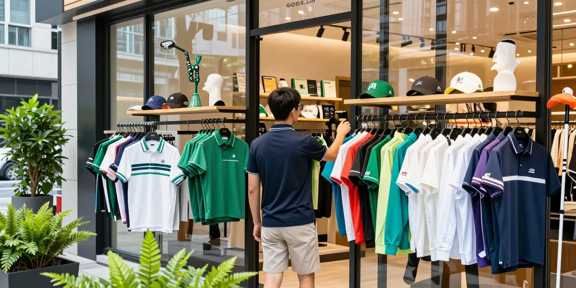 Stylish shopper exploring a selection of 골프웨어 레플리카 in an urban storefront highlighting trendy options