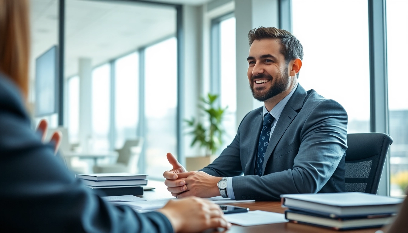 Truck accident attorney Clearwater consulting clients in modern office.