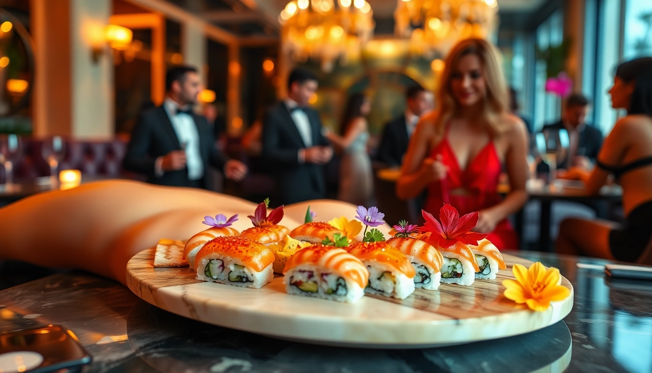 Body sushi experience at Club Noir, showcasing sushi artfully presented on a model's skin, creating a sensual and elegant atmosphere.