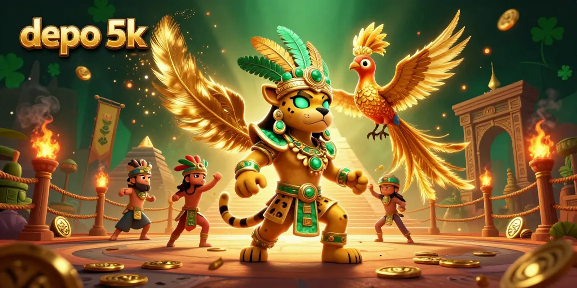 Engage in thrilling depo 5k slots with Mayan priest and vibrant casino elements surrounding him.