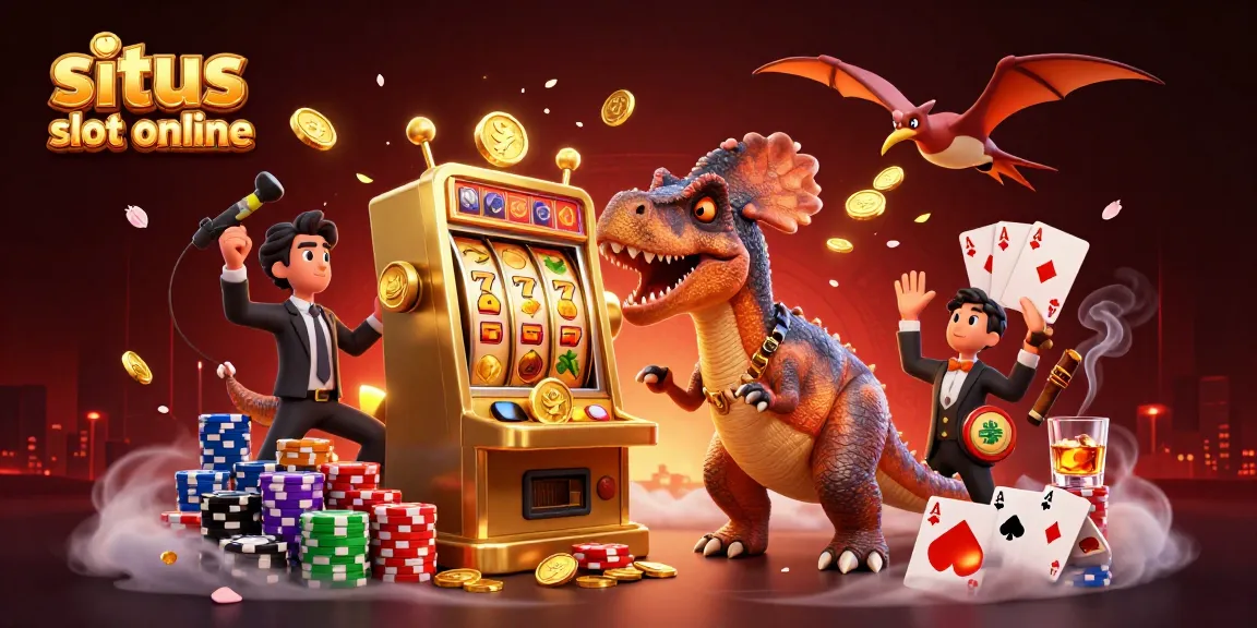 Engaging scene of situs slot online with a cartoon pachycephalosaurus and golden slots, capturing the excitement of jackpot wins.