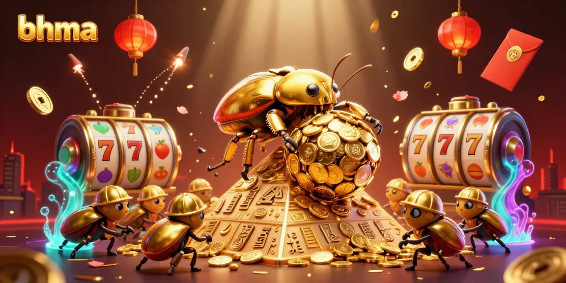 Experience vibrant gameplay at bhma with golden beetles and slot symbols captured in 3D.