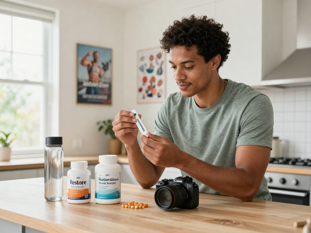 BPC 157 Side Effects illustrated by a person examining Restore Blend Peptide Buccal Strips in a bright kitchen.