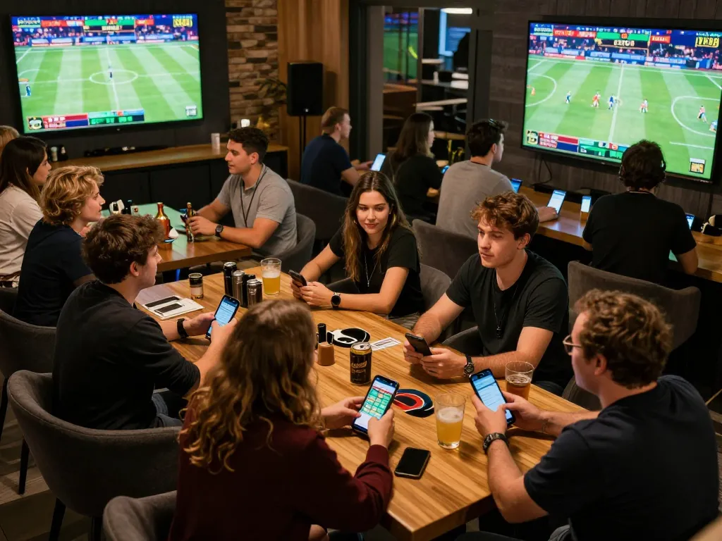 W 88 sports betting scene with people cheering and using mobile apps to enhance their betting experience