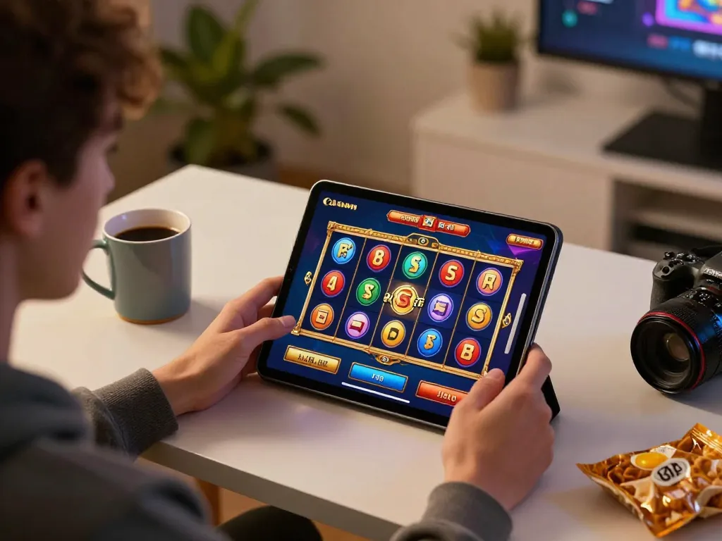 Player enjoying online slot games on a tablet, showcasing colorful reels and home ambiance.