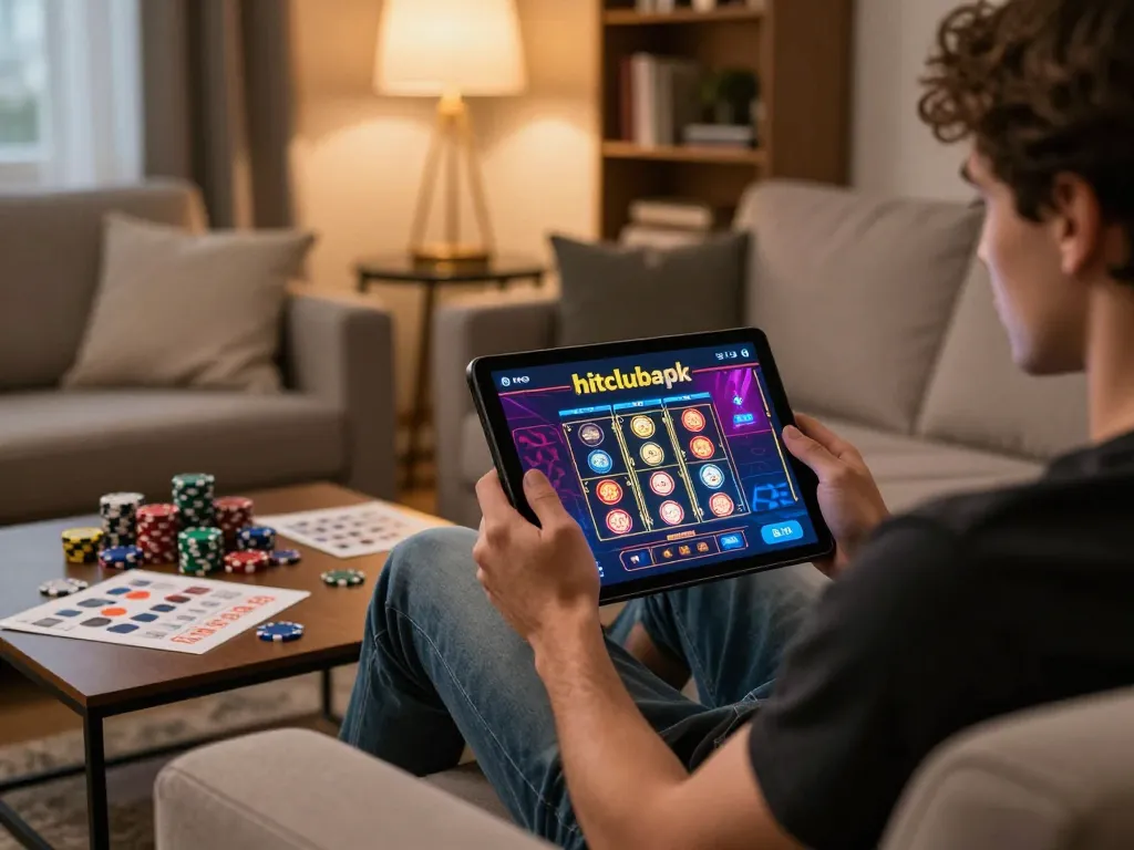 Engage with hitclubapk in a cozy home gaming setup, showcasing tablet gameplay.
