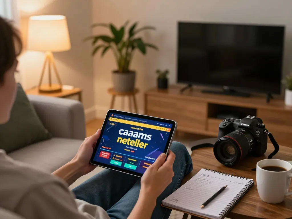 Person gaming at home using casinò online non aams con neteller on tablet, cozy atmosphere.