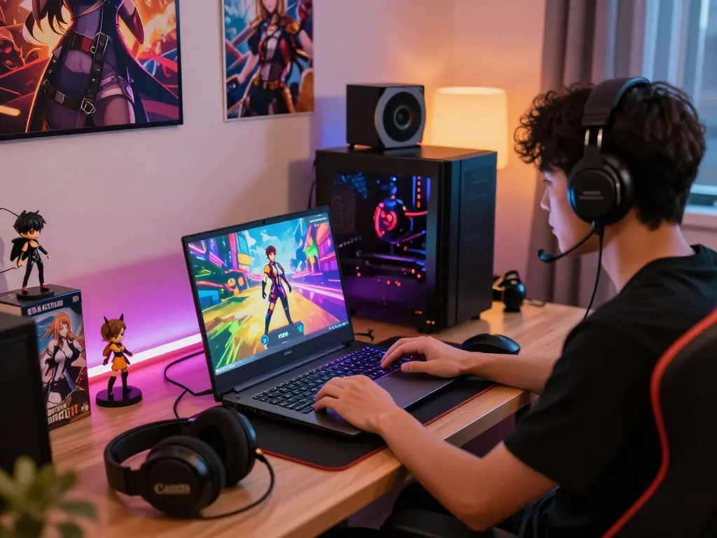 Play a thrilling hentai game in an immersive gaming setup with vibrant graphics and cozy atmosphere.