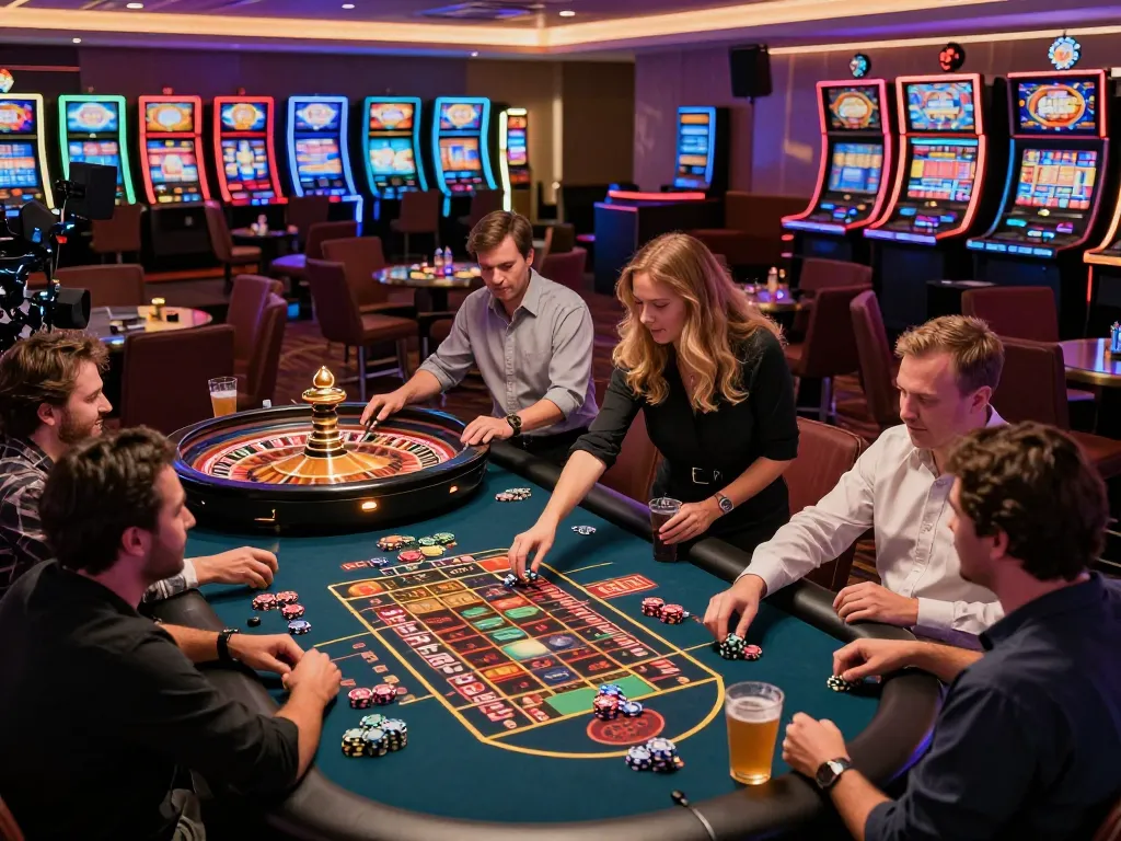 Players experience the thrill of SHBET gaming at a bustling roulette table in a glamorous casino