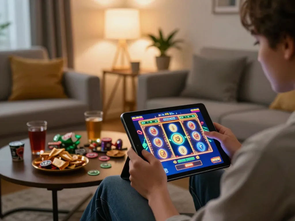 Engaging moment of enjoying slot online gameplay on a tablet in a cozy home setting