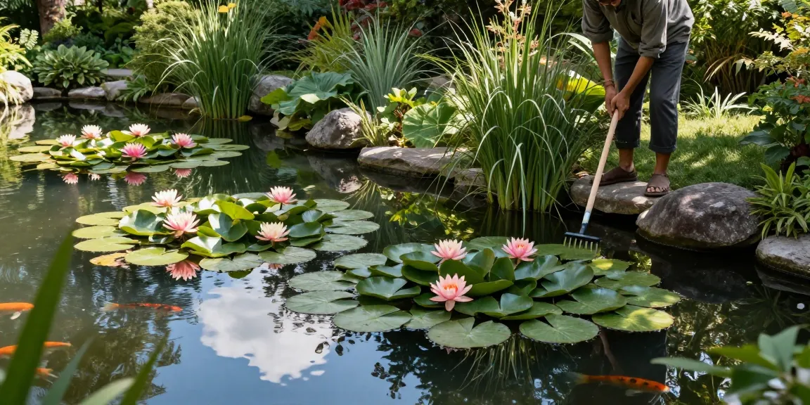 Water Lilies flourishing on a tranquil pond, with a gardener tending to them amidst lush greenery.