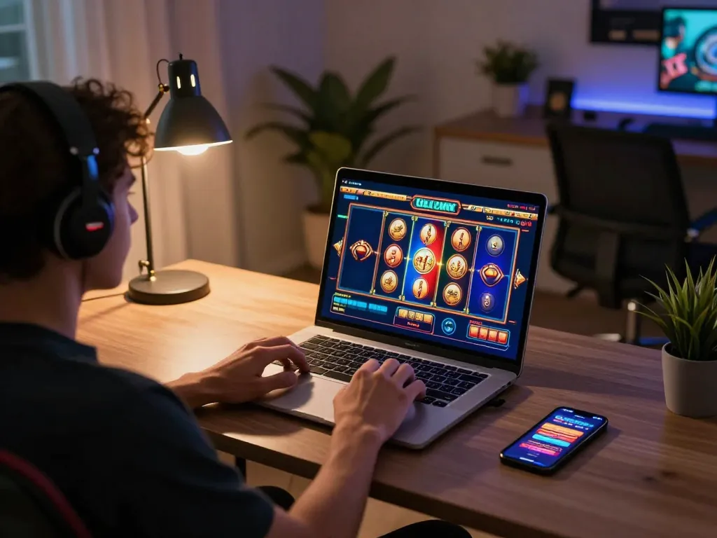 Engaging in เว็บสล็อตตรง gameplay on a laptop at a stylish home desk during relaxed evening.