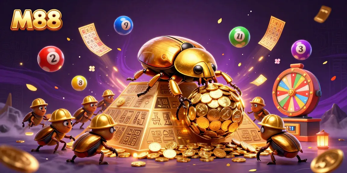M88 showcases a golden dung beetle theme in a vibrant casino illustration filled with dynamic game elements.