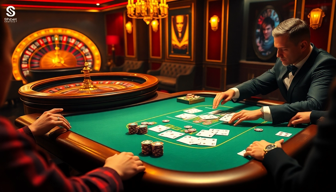 Engaging poker game at Shbet casino, showcasing players in action with vibrant chips and cards.