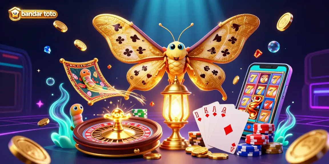 Engage with bandar toto's vibrant casino scene featuring a dynamic moth and gold treasures.