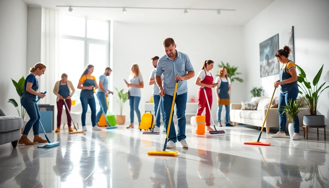 Efficient cleaning service team revitalizing a bright home space with sparkling surfaces.