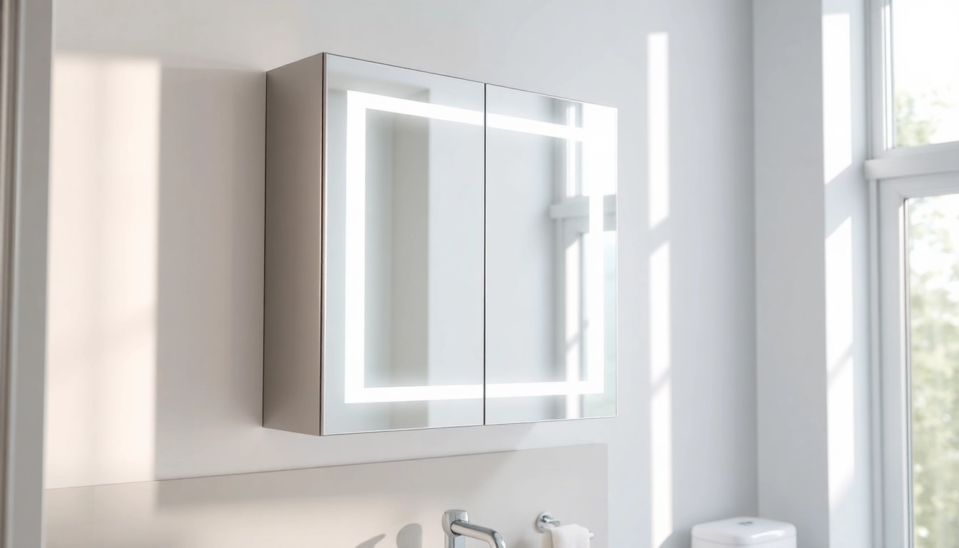 Stylish mirrored bathroom cabinet with light enhancing a chic vanity area