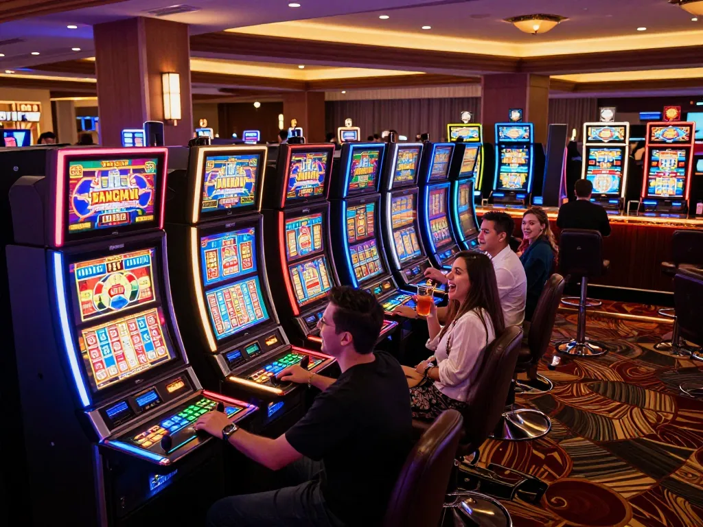 situs slot thailand players engaging with colorful slot machines in a vibrant casino