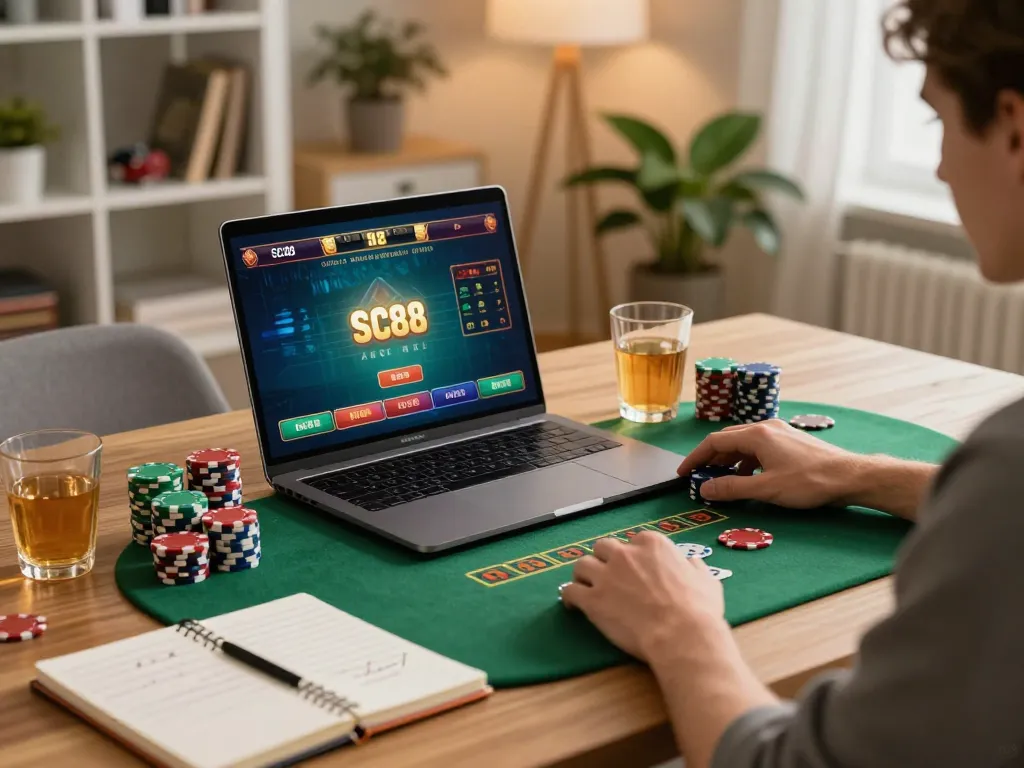 Player enjoying SC88 online casino gaming with poker chips and strategic notes.