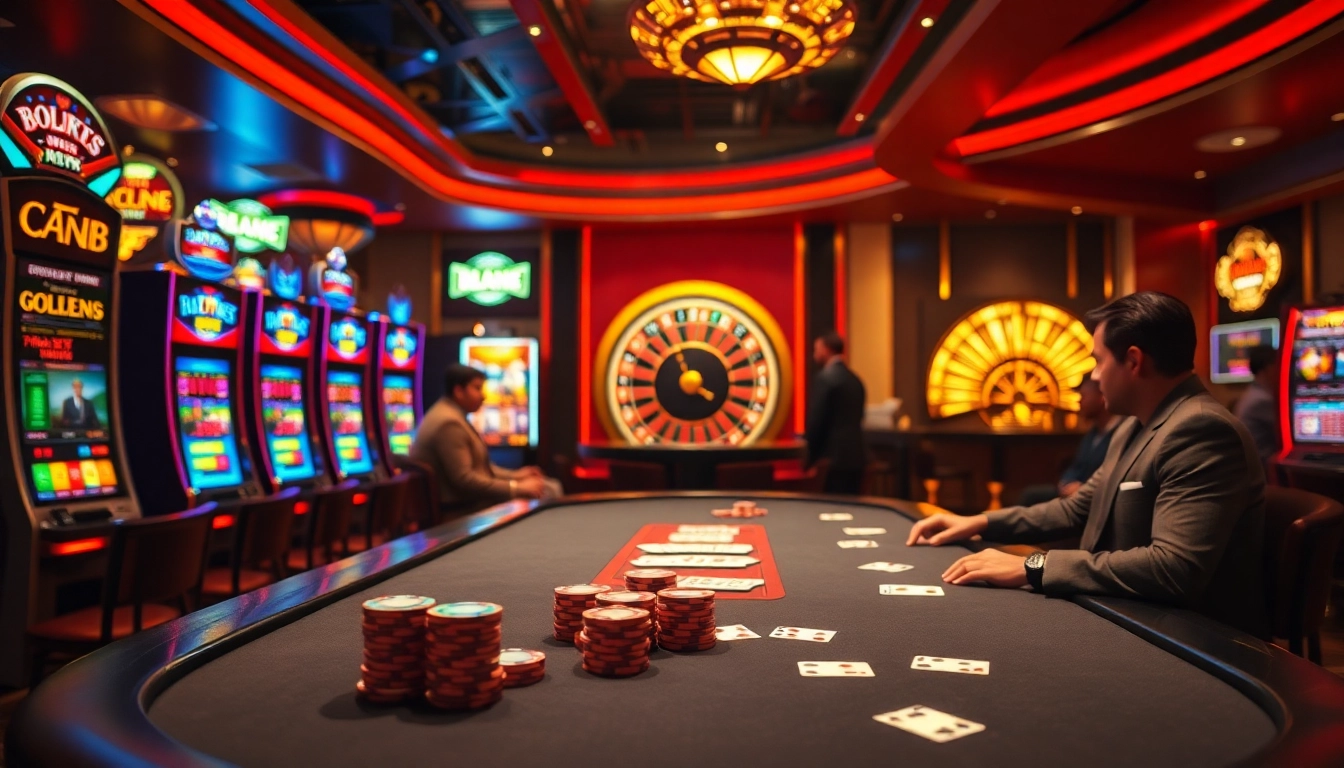 Players strategize at a TK88 poker table surrounded by vibrant slot machines, capturing the thrill of winning.