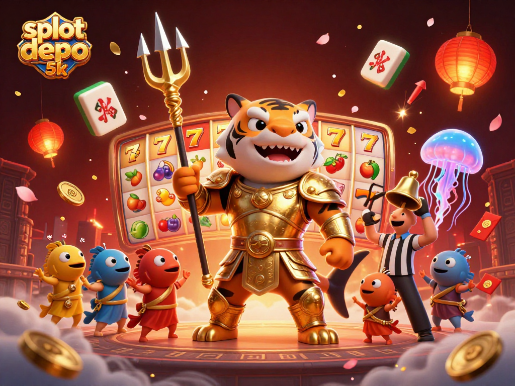 Spin the reels at slot depo 5k with a mighty tiger shark and vibrant casino symbols!