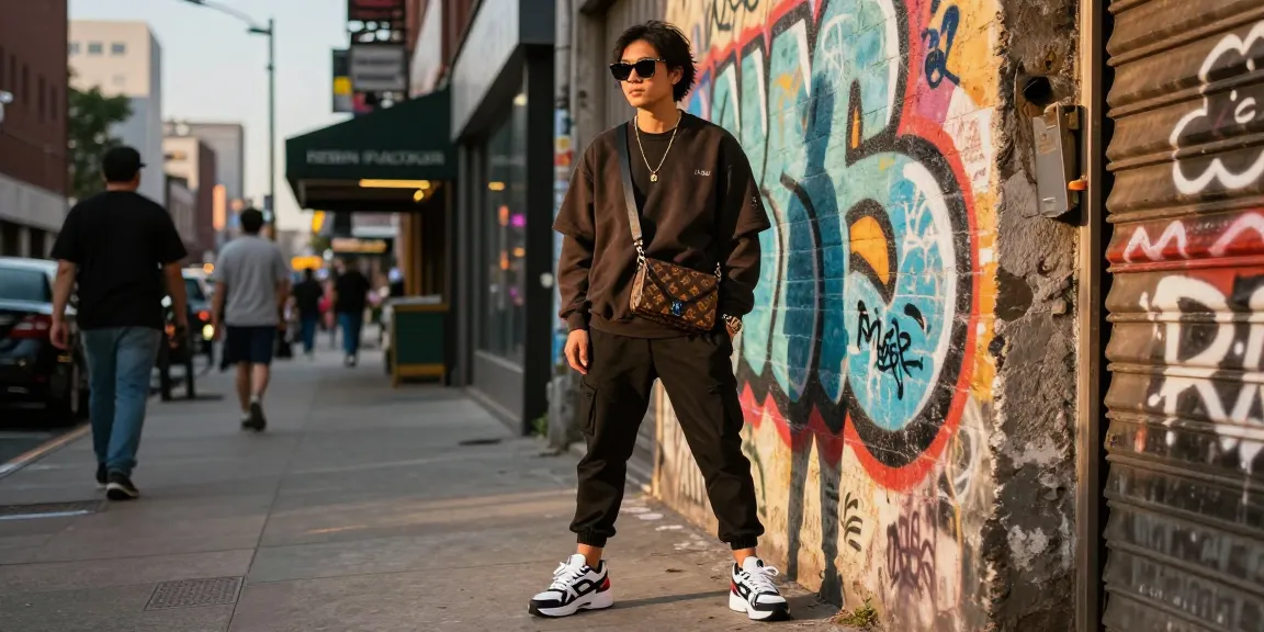 Stylish individual showcasing trendy 레플리카 fashion in an urban street setting with vibrant graffiti.