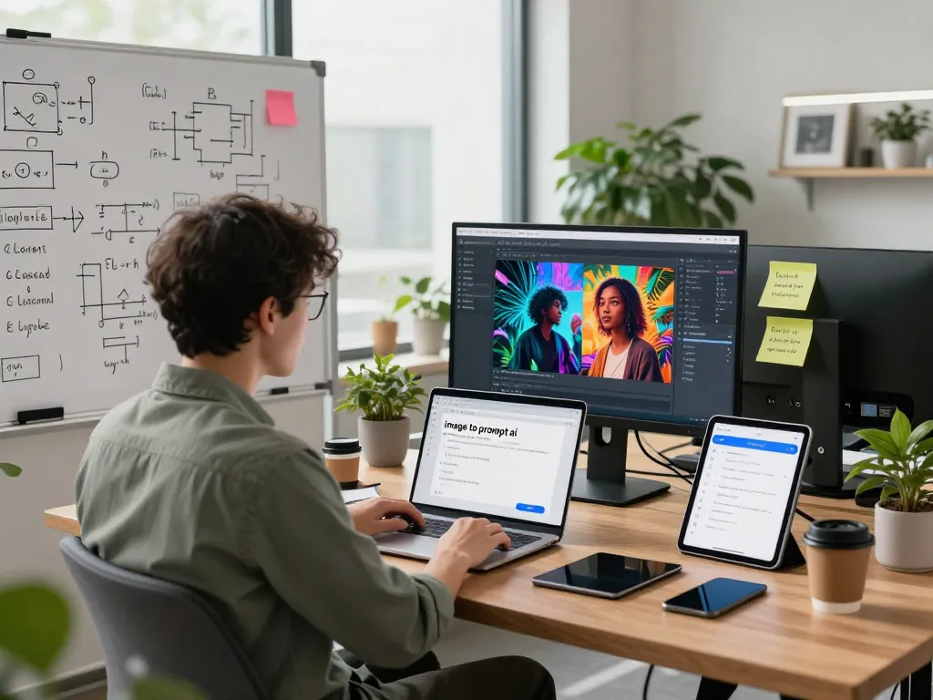 Dynamic workspace showcasing 'image to prompt ai' tool with data scientist and collaborative tech elements.