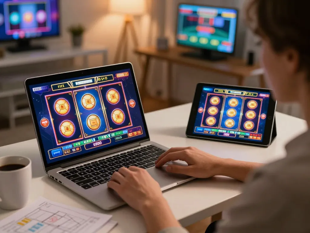 Engaging player enjoying slot games on laptop, highlighting online casino interface.