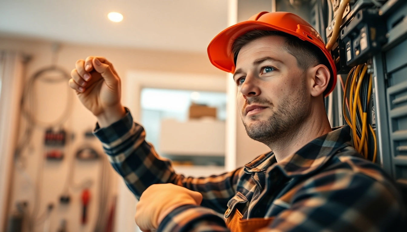 Electrician providing edmonton electrical services in a modern home with tools and equipment.