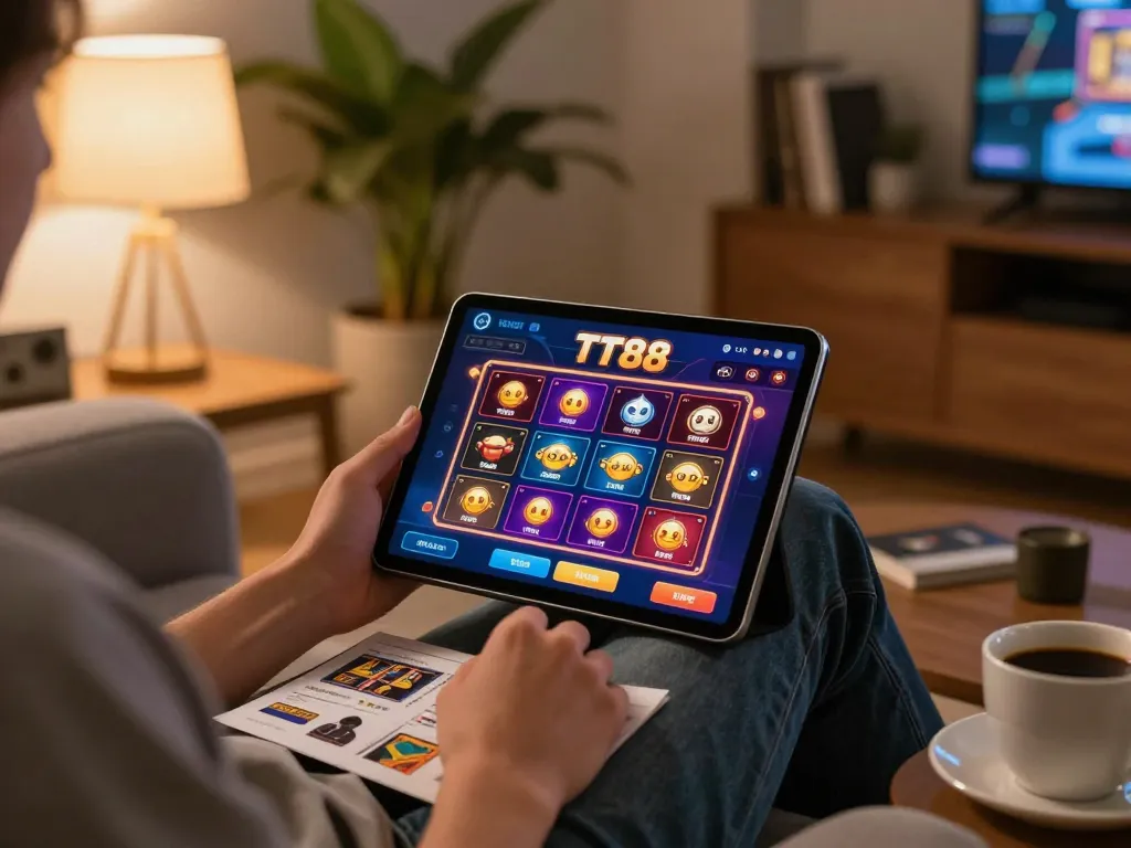 Enjoying TT88 gaming experience on a tablet in a cozy home setting