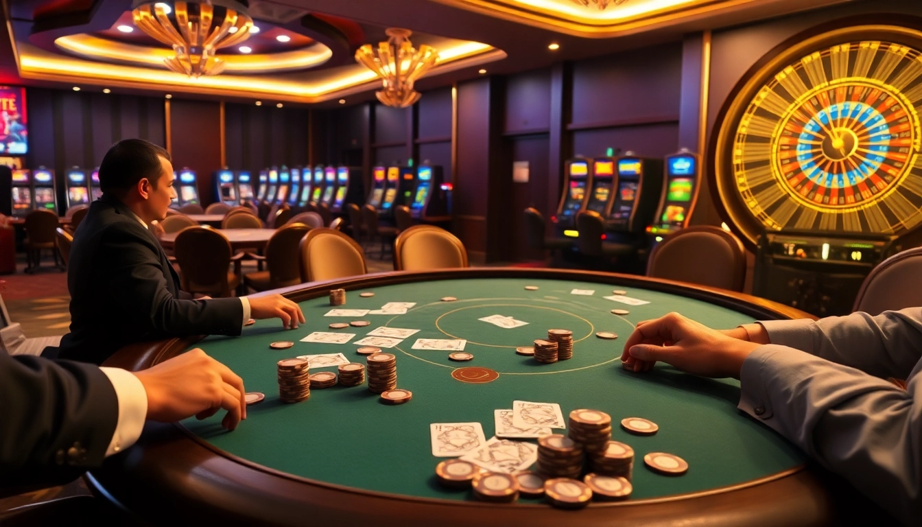 Intense poker action featuring 7upbet, with professional players and vibrant casino ambiance.
