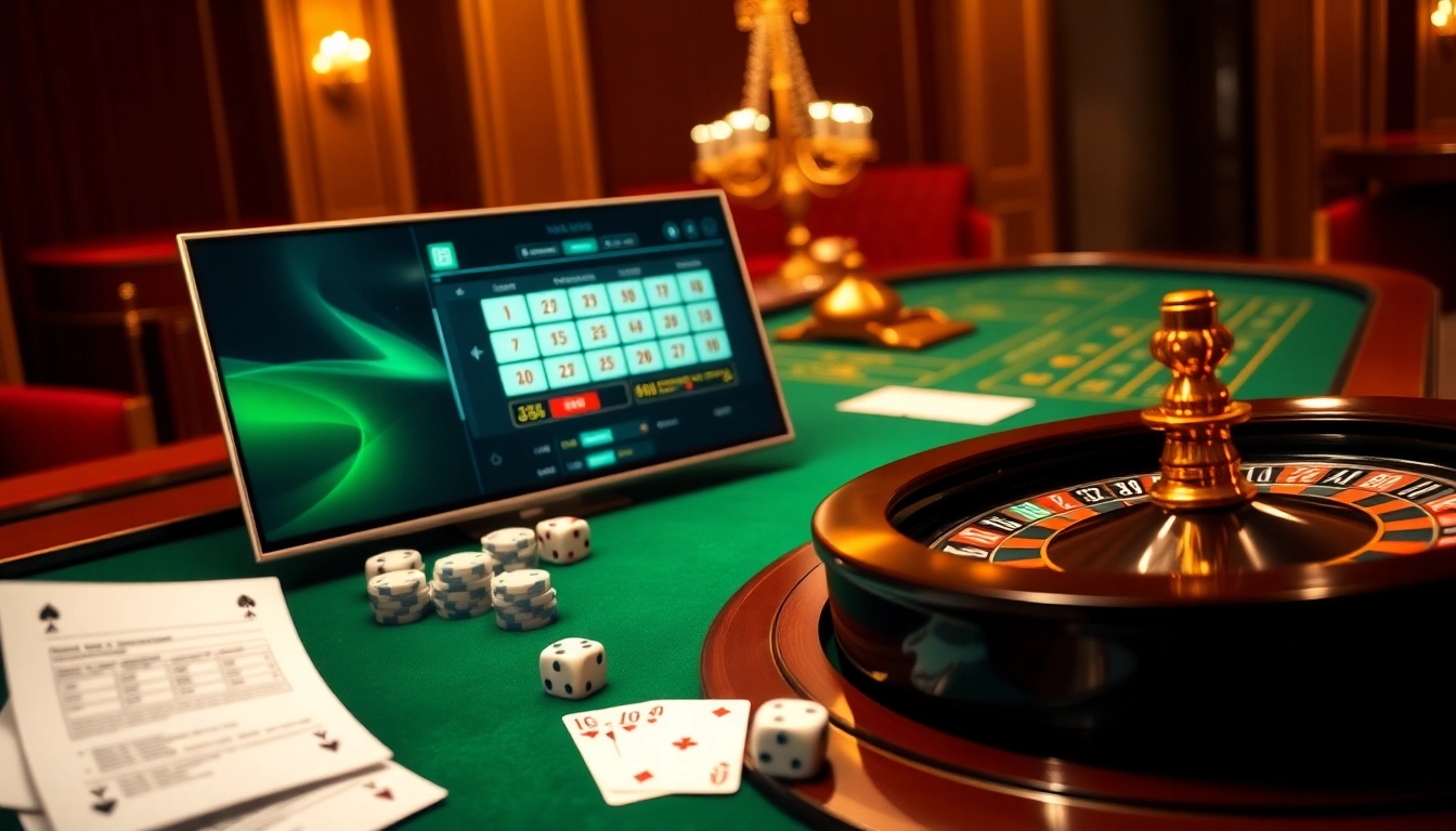 Découvrez l'excitation d'un casino en ligne français avec une interface élégante, des jetons de poker et une roue de roulette.
