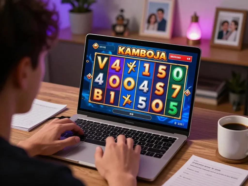 The player enjoying the kamboja slot game on a laptop in a cozy home gaming setup.