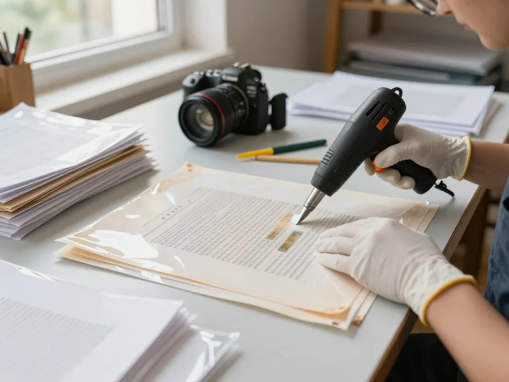 bóc giấy ép plastic with a technician removing laminate from paper in a bright workshop