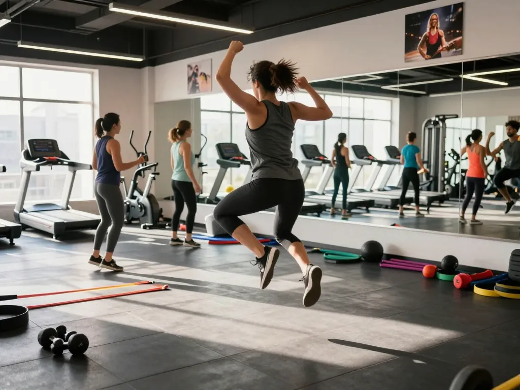 Active individual performing jumping jacks in a vibrant gym setting