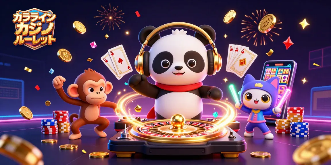 オンライン カジノ ルーレットをテーマにした、アニメ風のDJパンダがルーレットのターンテーブルで回す様子。