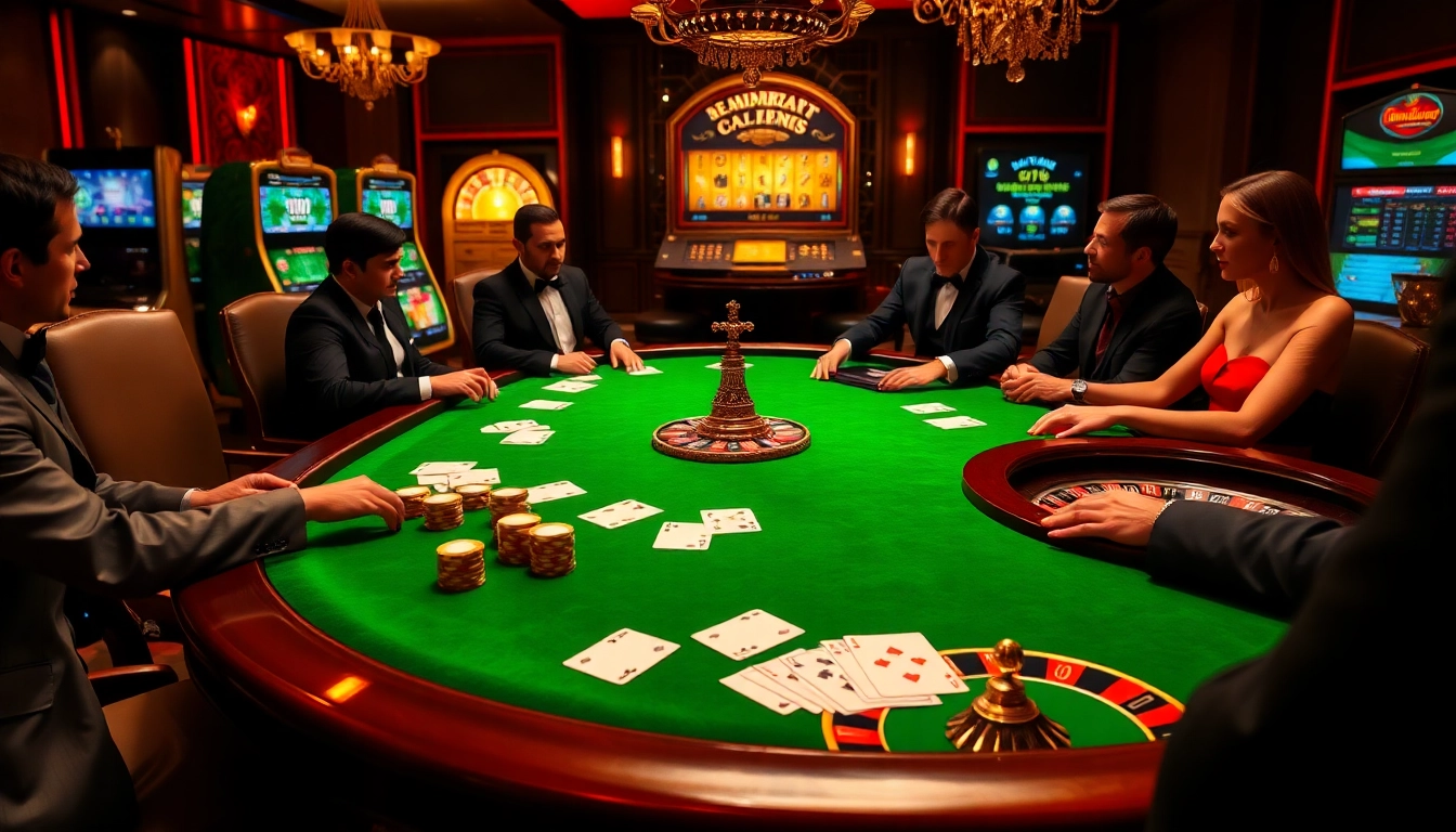 Joueurs engagés à une table luxueuse, illustrant l'atmosphère de jeu du casino en ligne français.