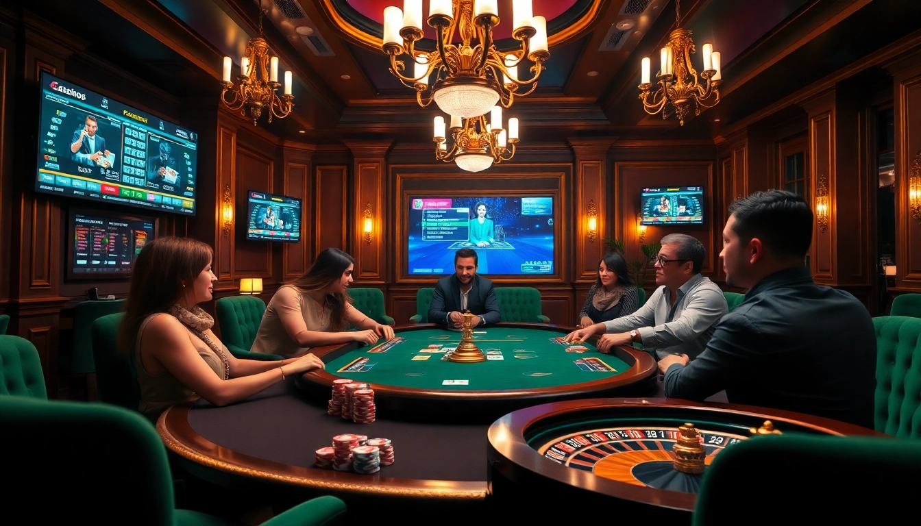 Joueurs profitant du poker à enjeux élevés dans un casino en ligne français luxueux, avec des jetons et des cartes vibrants.