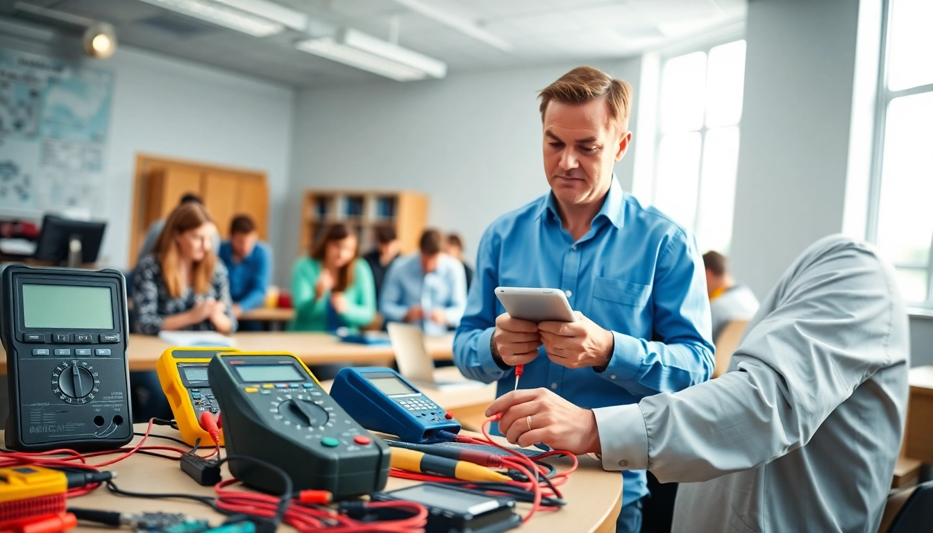 Students engaged in low voltage training with practical tools in a dynamic classroom.