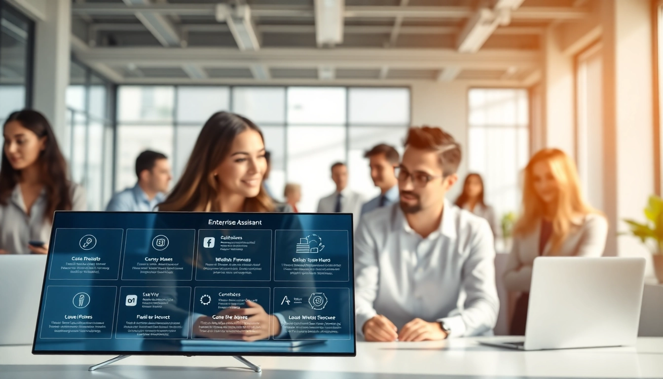 Showcasing an enterprise assistant saas with a dynamic team in a modern office environment.