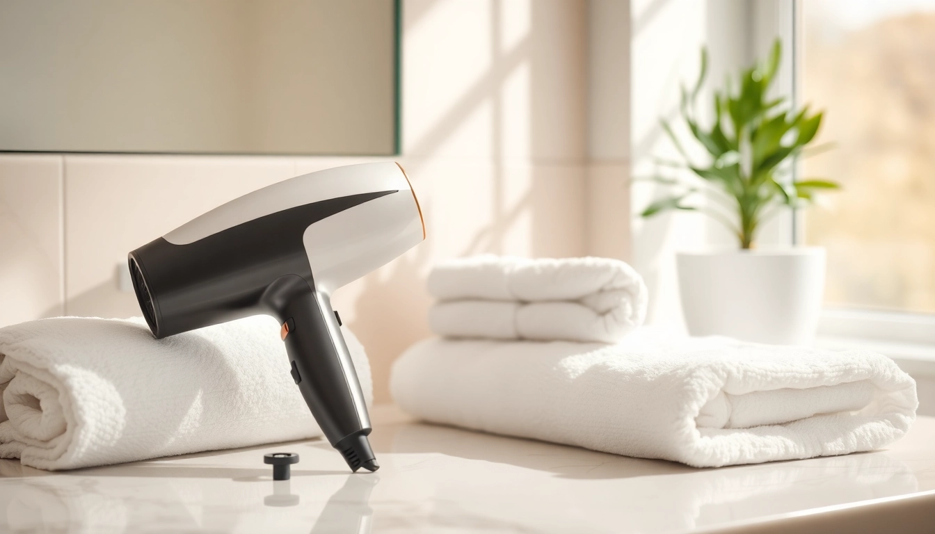 Styling a hair dryer for fine hair on a countertop with elegant decor.