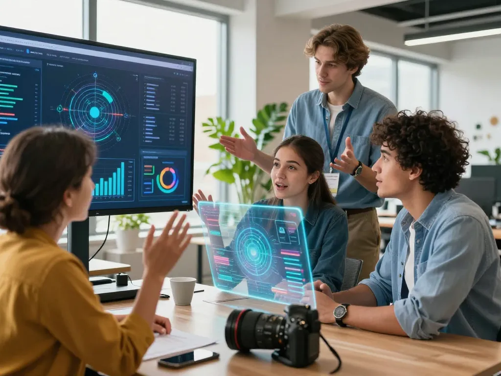 AI +18 technology brainstorming session with diverse professionals in a digital workspace