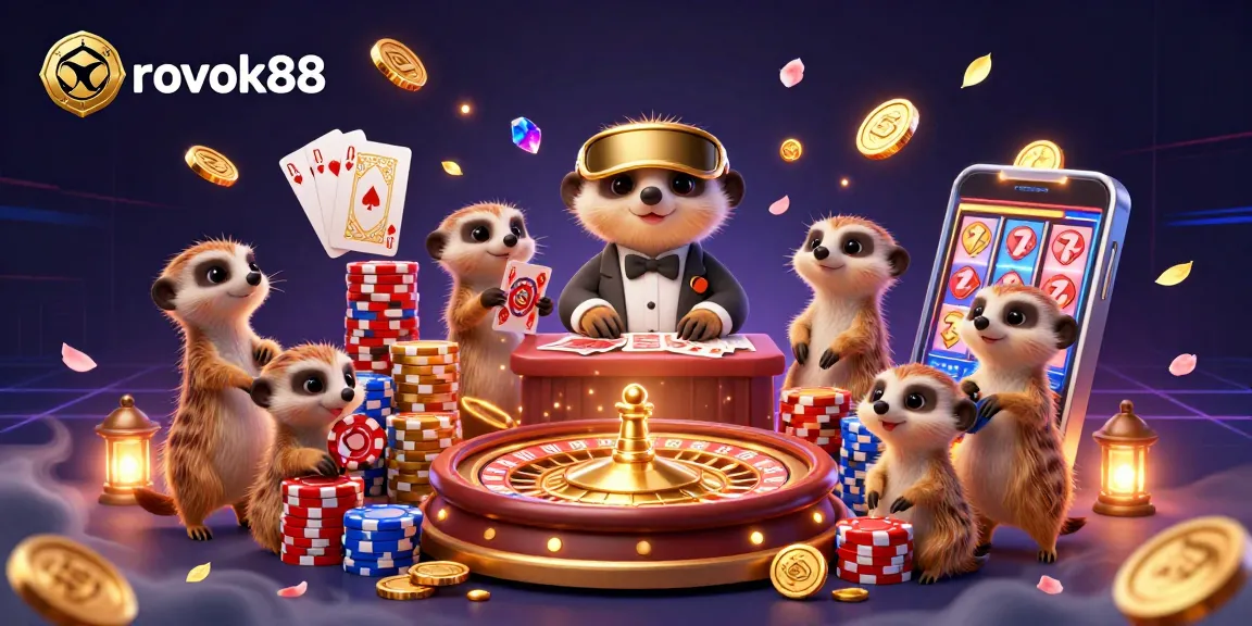 Experience the excitement of rokok88 as meerkats run a vibrant casino scene featuring games and treasures.