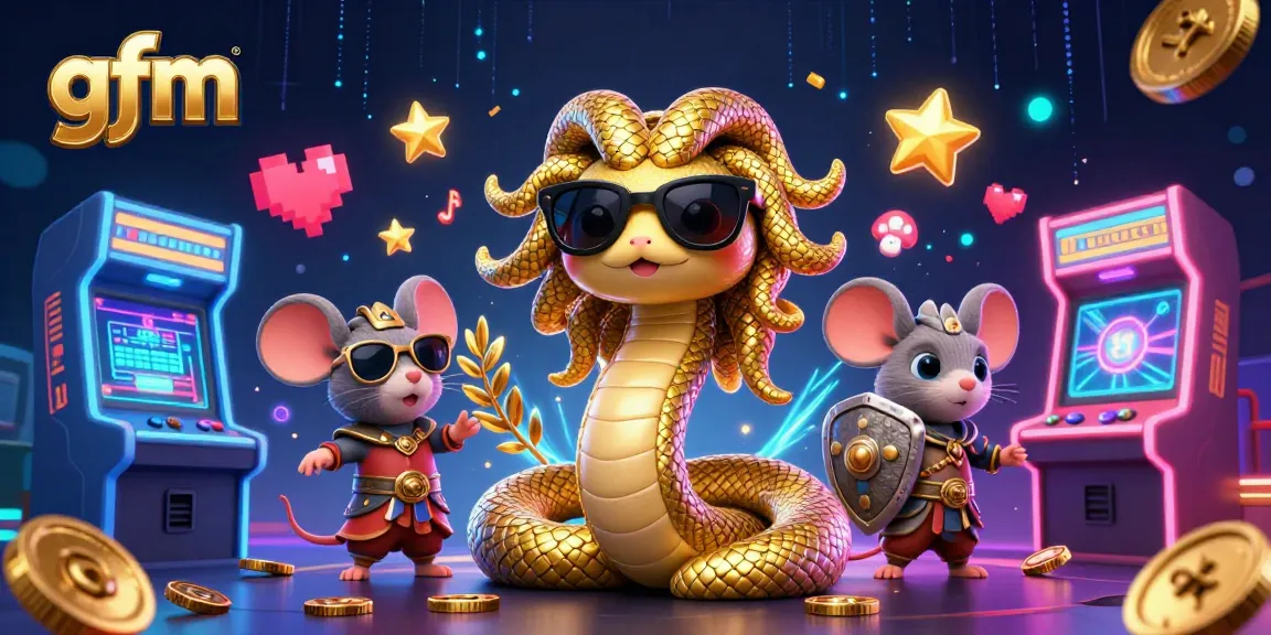 Play exciting games at gfm with Medusa and the warrior mouse in this vibrant casino-themed scene.