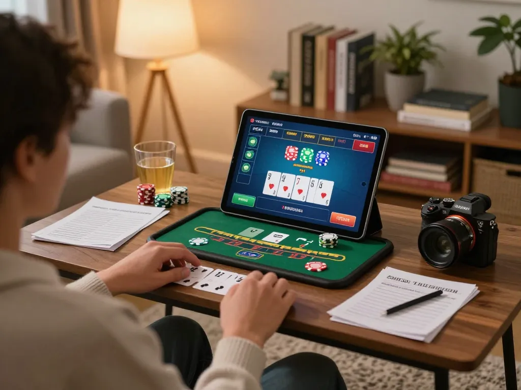 Player engaging with CM88 live dealer game on tablet, showcasing a cozy gambling atmosphere