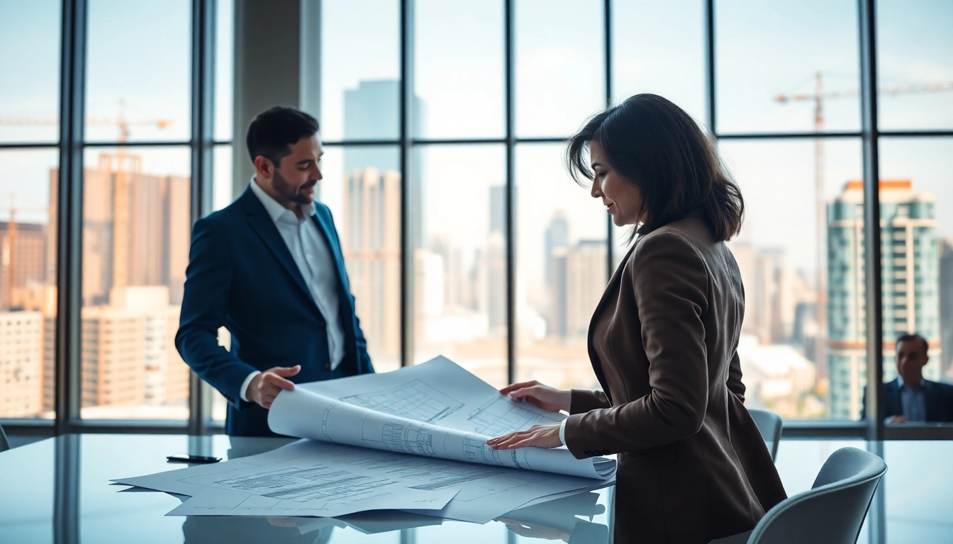 Real Estate Developer analyzing plans in a modern office environment with city skyline view.