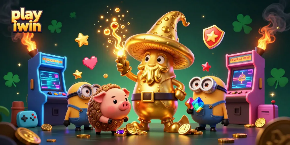 Play iwin with a golden mushroom wizard, vibrant arcade elements, and treasure-seeking pig.