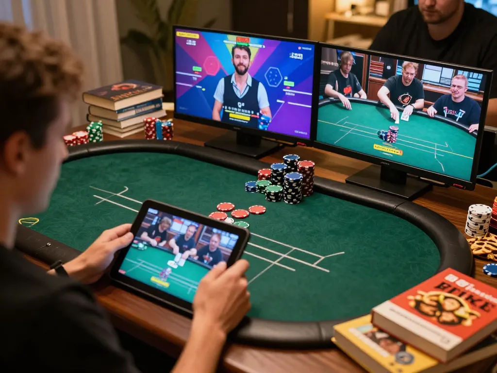 Engaging online poker session featuring mau777 link alternatif, showcasing strategy and gameplay dynamics in a cozy home setting